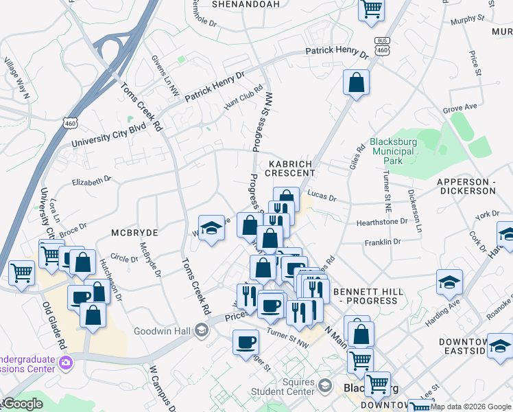 map of restaurants, bars, coffee shops, grocery stores, and more near 1011 Progress Street Northwest in Blacksburg