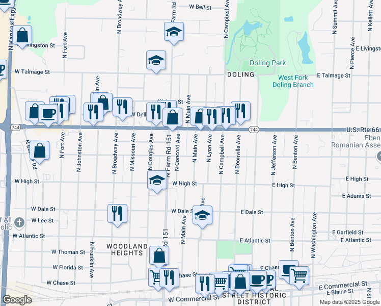 map of restaurants, bars, coffee shops, grocery stores, and more near 2303 N Main Ave in Springfield