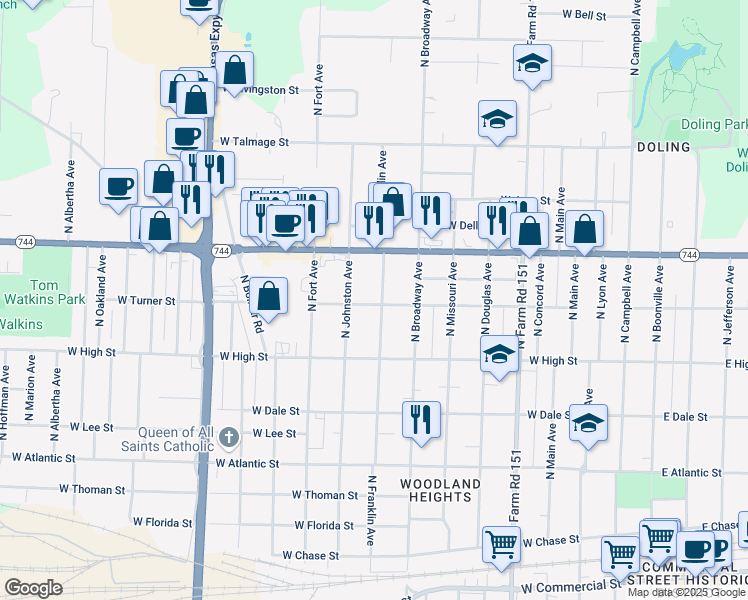 map of restaurants, bars, coffee shops, grocery stores, and more near 2301 North Franklin Avenue in Springfield