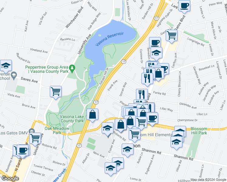 map of restaurants, bars, coffee shops, grocery stores, and more near 16964 Frank Court in Los Gatos
