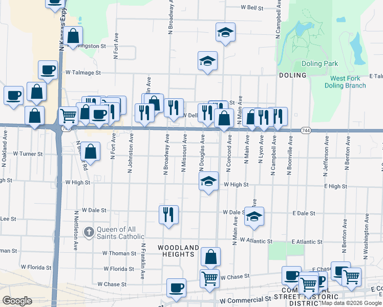 map of restaurants, bars, coffee shops, grocery stores, and more near 821 West Turner Street in Springfield