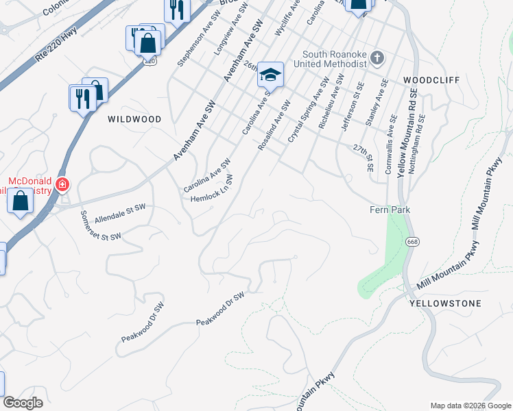 map of restaurants, bars, coffee shops, grocery stores, and more near 3036 Bancroft Drive Southwest in Roanoke