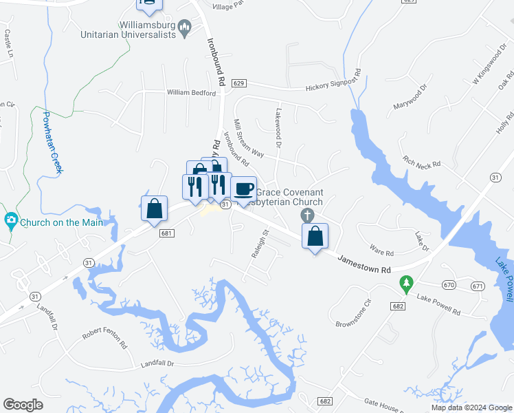 map of restaurants, bars, coffee shops, grocery stores, and more near 2806 Oak Hill Drive in Williamsburg