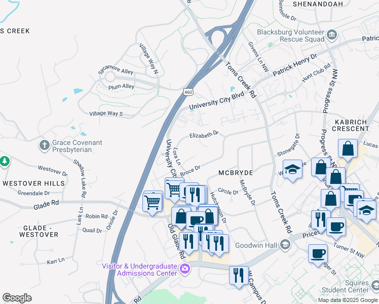 map of restaurants, bars, coffee shops, grocery stores, and more near 1102 Lora Lane in Blacksburg