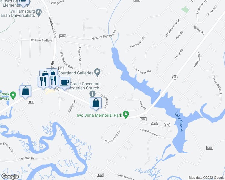 map of restaurants, bars, coffee shops, grocery stores, and more near 108 Mill View Circle in Williamsburg