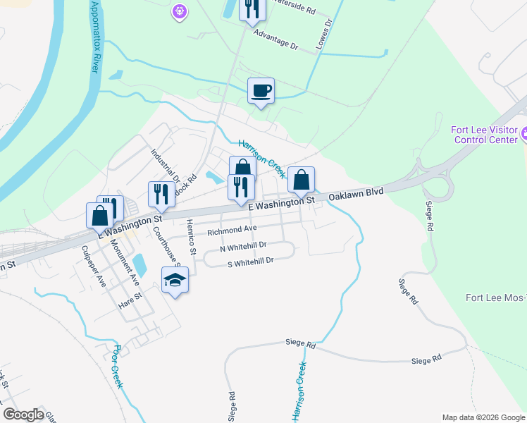 map of restaurants, bars, coffee shops, grocery stores, and more near 2220 East Washington Street in Petersburg