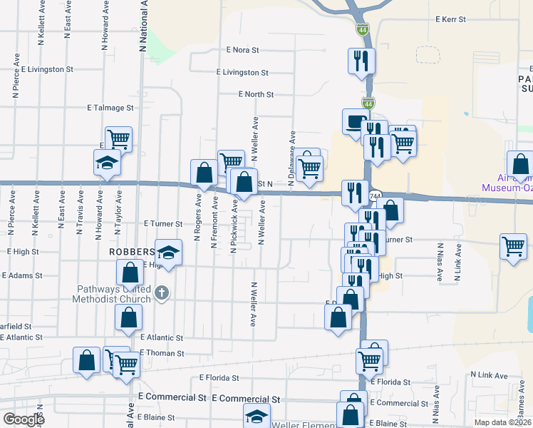 map of restaurants, bars, coffee shops, grocery stores, and more near 2336 North Weller Avenue in Springfield