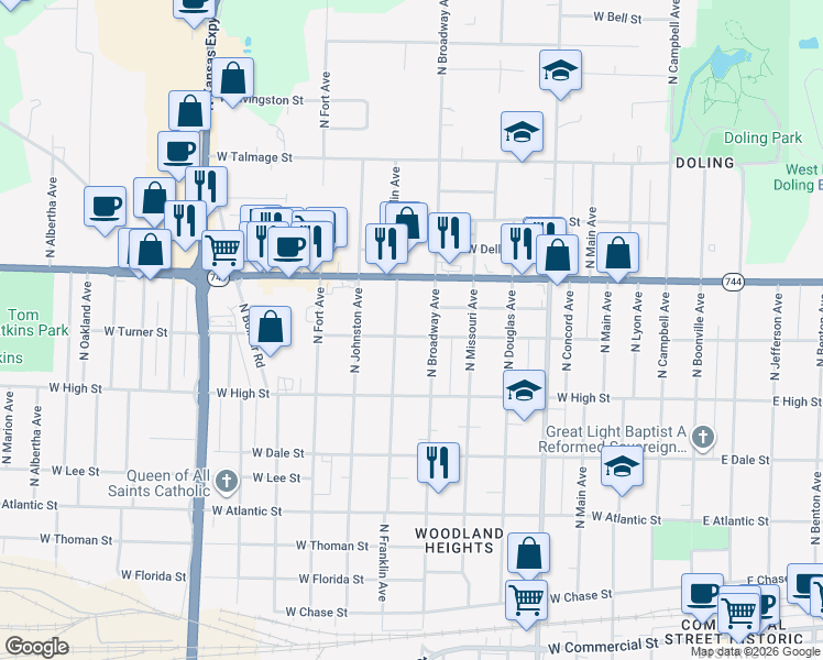 map of restaurants, bars, coffee shops, grocery stores, and more near 1021 West Turner Street in Springfield