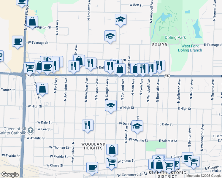 map of restaurants, bars, coffee shops, grocery stores, and more near 721 W Turner St in Springfield