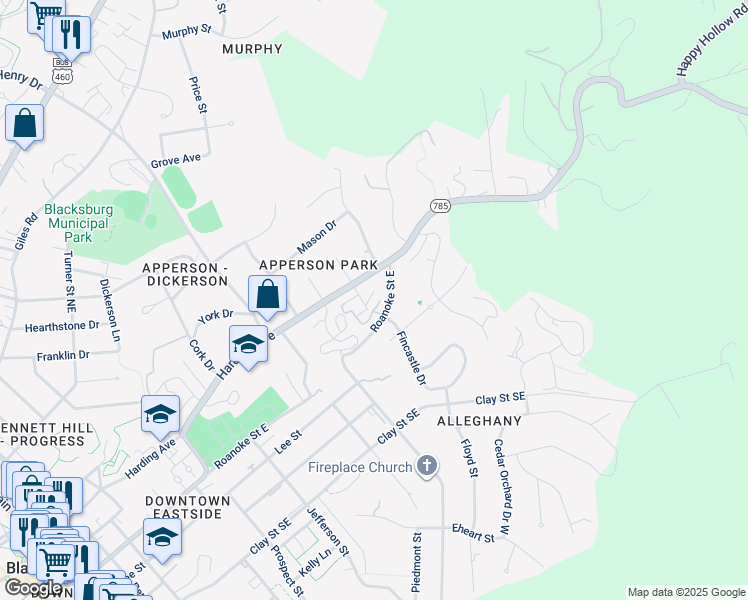map of restaurants, bars, coffee shops, grocery stores, and more near 1003 Anne Drive in Blacksburg