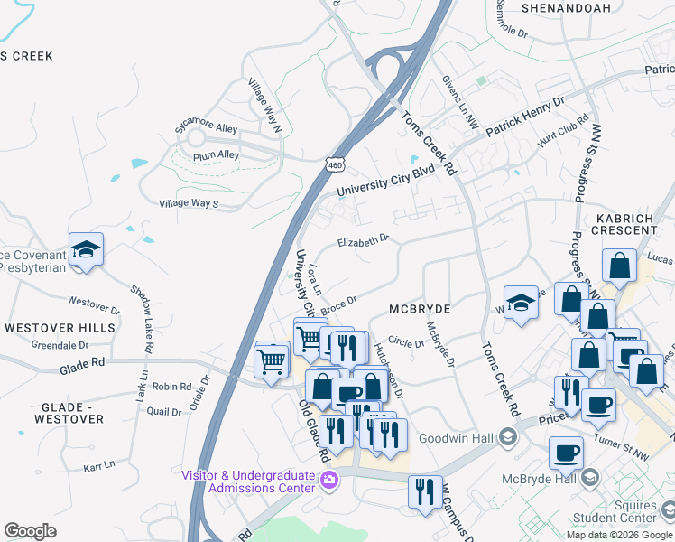 map of restaurants, bars, coffee shops, grocery stores, and more near 1102 Lora Lane in Blacksburg
