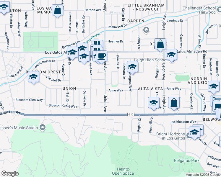 map of restaurants, bars, coffee shops, grocery stores, and more near 109 Anne Way in Los Gatos