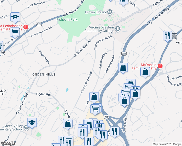 map of restaurants, bars, coffee shops, grocery stores, and more near Winding Way Road Southwest in Roanoke