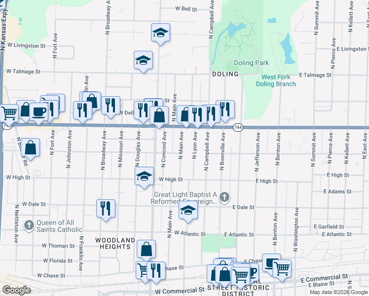 map of restaurants, bars, coffee shops, grocery stores, and more near 2303 North Main Avenue in Springfield