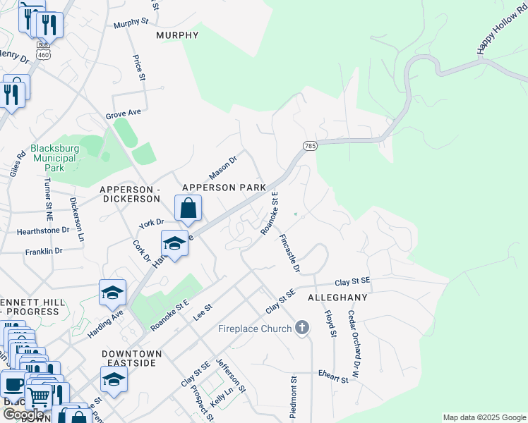 map of restaurants, bars, coffee shops, grocery stores, and more near 1003 Anne Drive in Blacksburg