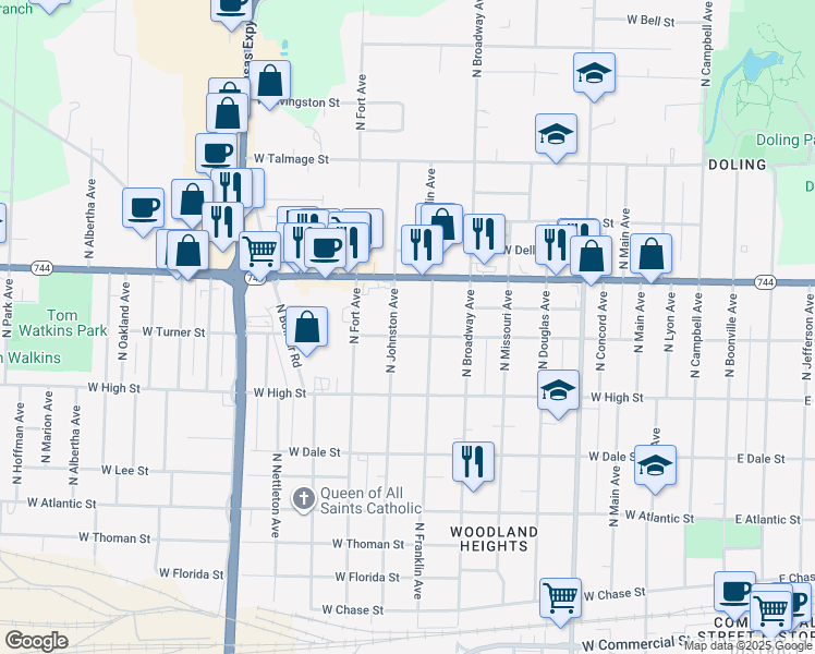 map of restaurants, bars, coffee shops, grocery stores, and more near 1121 W Turner St in Springfield