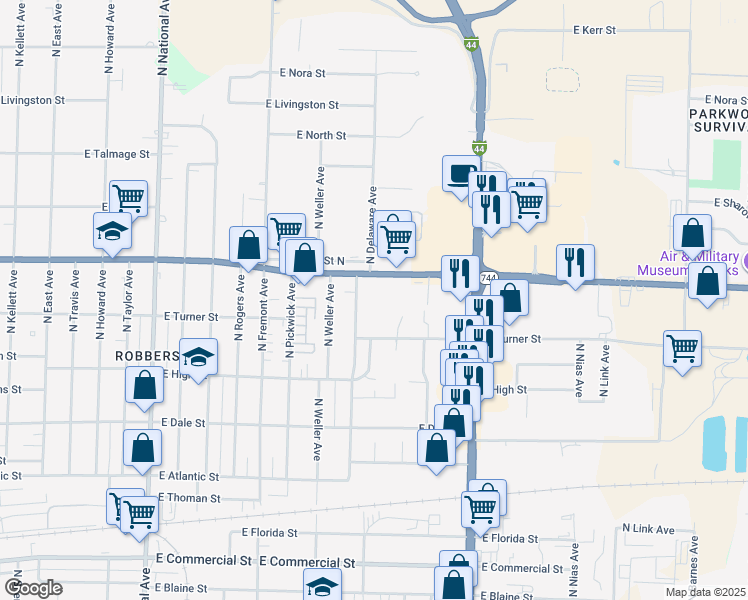 map of restaurants, bars, coffee shops, grocery stores, and more near 1602 East Kearney Street in Springfield