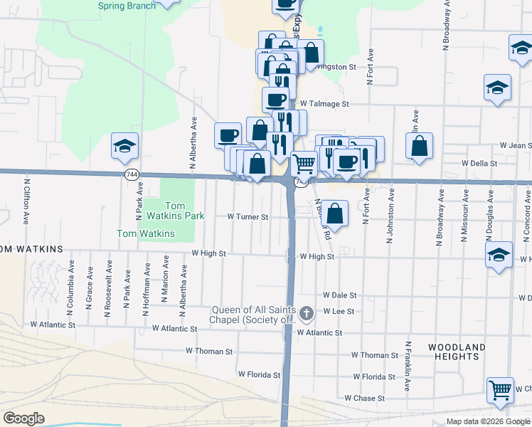 map of restaurants, bars, coffee shops, grocery stores, and more near 2256 North Farmer Avenue in Springfield