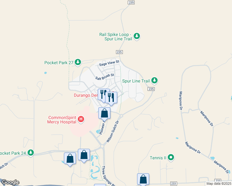 map of restaurants, bars, coffee shops, grocery stores, and more near 225 Mercado Street in Durango