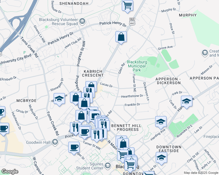 map of restaurants, bars, coffee shops, grocery stores, and more near 117 Hearthstone Drive in Blacksburg