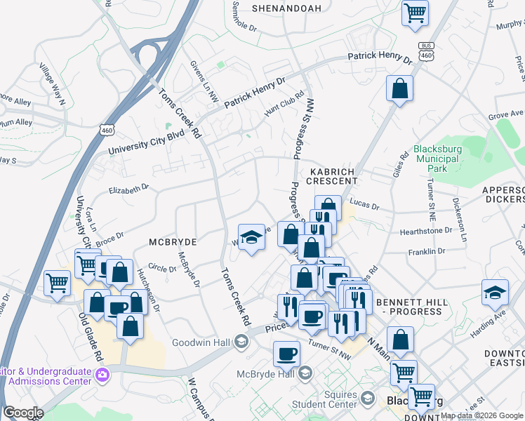 map of restaurants, bars, coffee shops, grocery stores, and more near 1005 Kabrich Street in Blacksburg