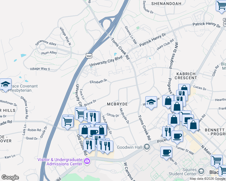 map of restaurants, bars, coffee shops, grocery stores, and more near 906 McBryde Drive in Blacksburg