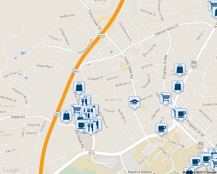 map of restaurants, bars, coffee shops, grocery stores, and more near 906 McBryde Drive in Blacksburg