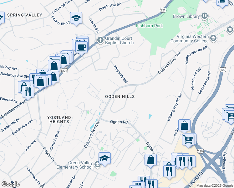 map of restaurants, bars, coffee shops, grocery stores, and more near 3352 Colonial Avenue in Roanoke