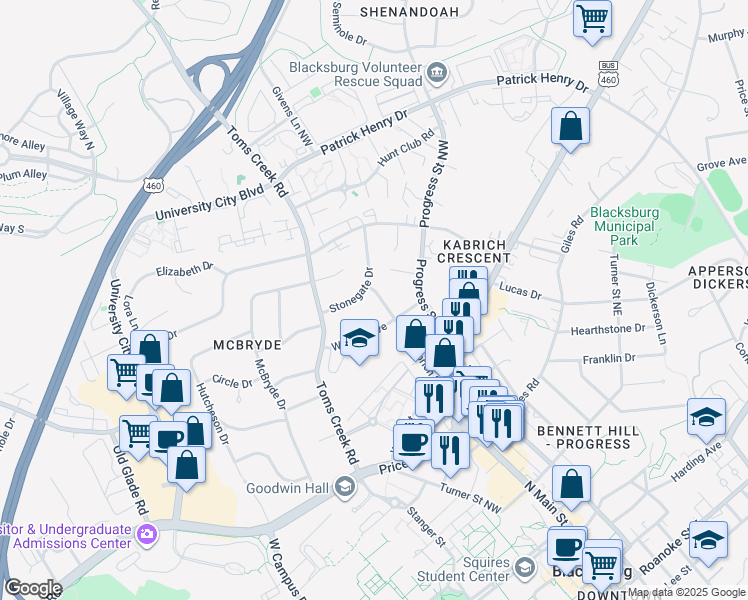 map of restaurants, bars, coffee shops, grocery stores, and more near 1005 Kabrich Street in Blacksburg