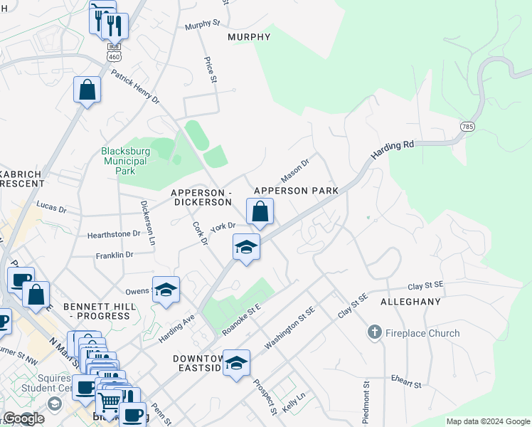 map of restaurants, bars, coffee shops, grocery stores, and more near 305 Apperson Drive in Blacksburg