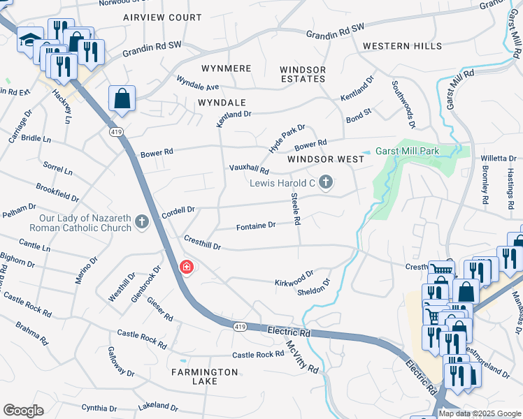 map of restaurants, bars, coffee shops, grocery stores, and more near 4446 Cordell Drive in Cave Spring