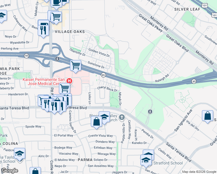 map of restaurants, bars, coffee shops, grocery stores, and more near 6165 Lavendula Way in San Jose