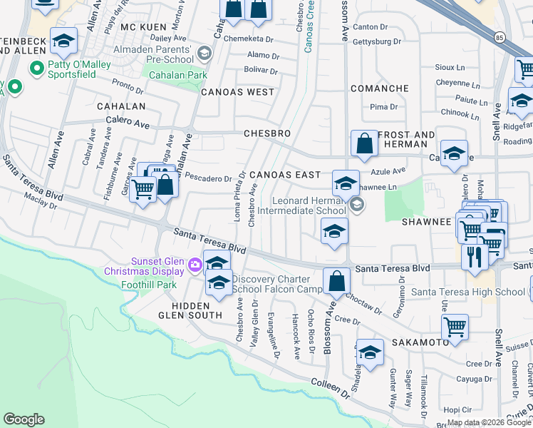 map of restaurants, bars, coffee shops, grocery stores, and more near 5993 Indian Avenue in San Jose