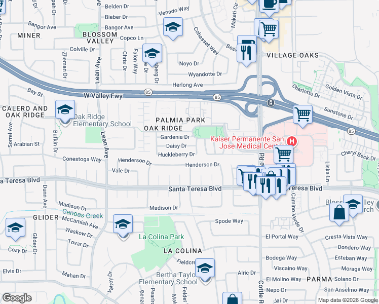 map of restaurants, bars, coffee shops, grocery stores, and more near 326 Huckleberry Drive in San Jose