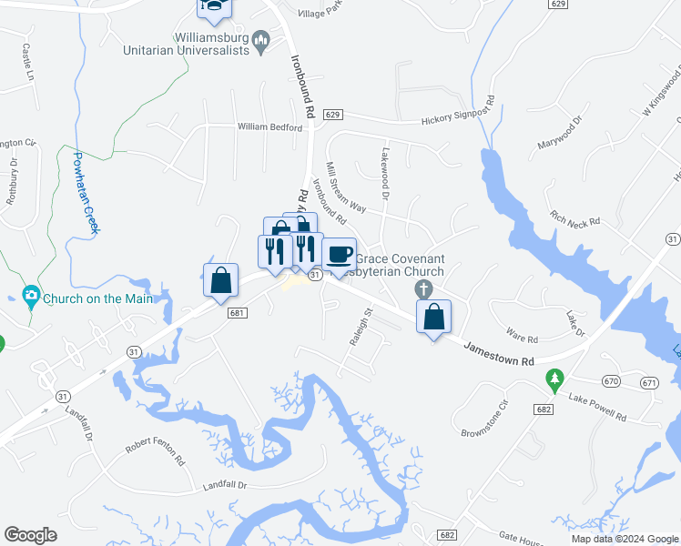 map of restaurants, bars, coffee shops, grocery stores, and more near 2821 Oak Hill Drive in Williamsburg