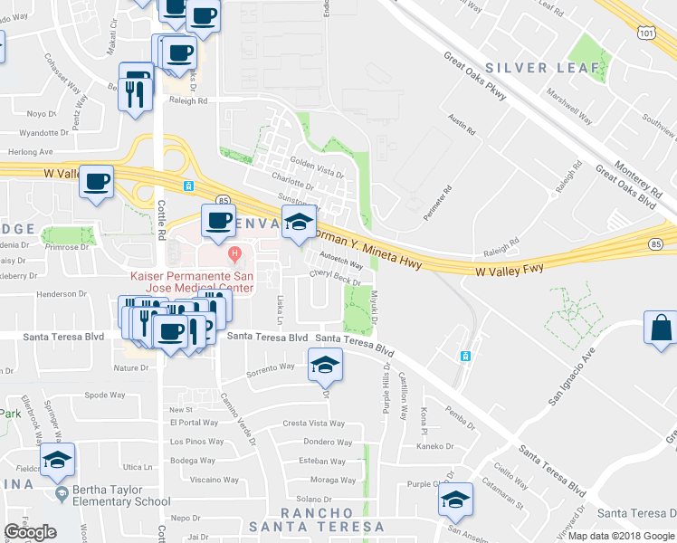 map of restaurants, bars, coffee shops, grocery stores, and more near 6165 Lavendula Way in San Jose