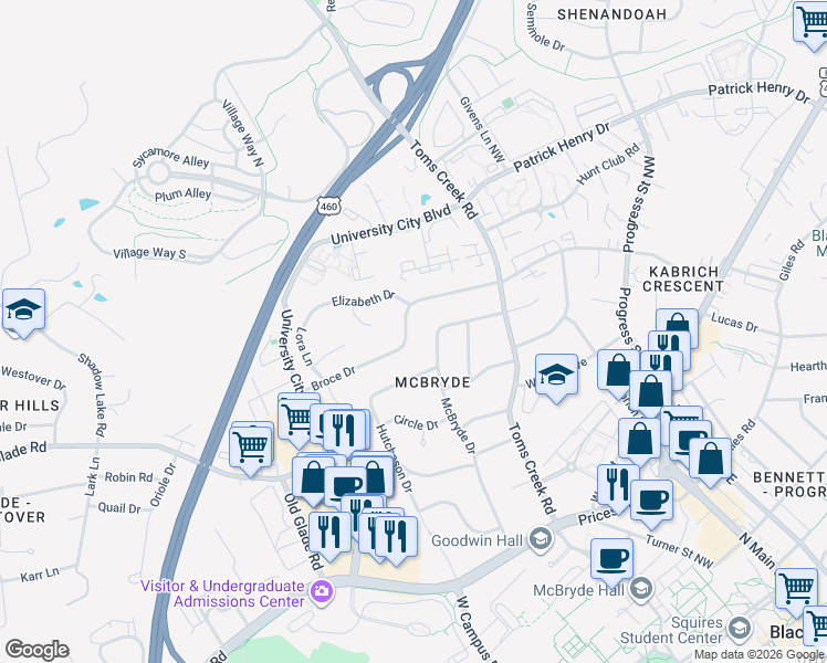 map of restaurants, bars, coffee shops, grocery stores, and more near 703 Broce Drive in Blacksburg