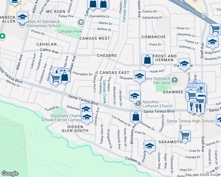 map of restaurants, bars, coffee shops, grocery stores, and more near 6001 Montalvo Drive in San Jose