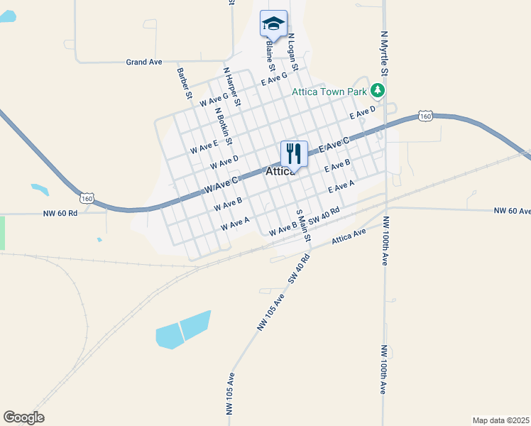 map of restaurants, bars, coffee shops, grocery stores, and more near 211 West Avenue A in Attica