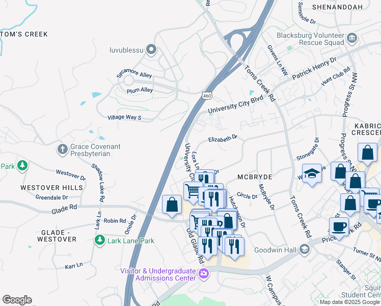 map of restaurants, bars, coffee shops, grocery stores, and more near 1109 Lora Lane in Blacksburg