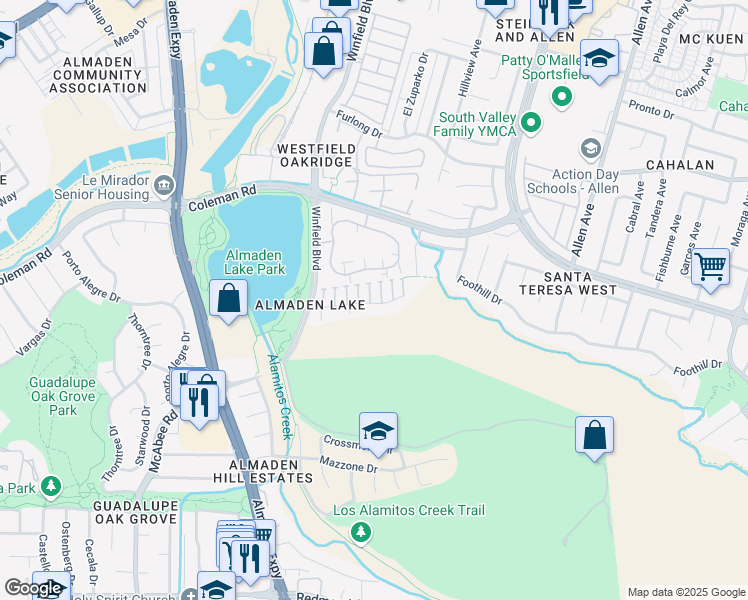 map of restaurants, bars, coffee shops, grocery stores, and more near 6056 Evanstone Place in San Jose