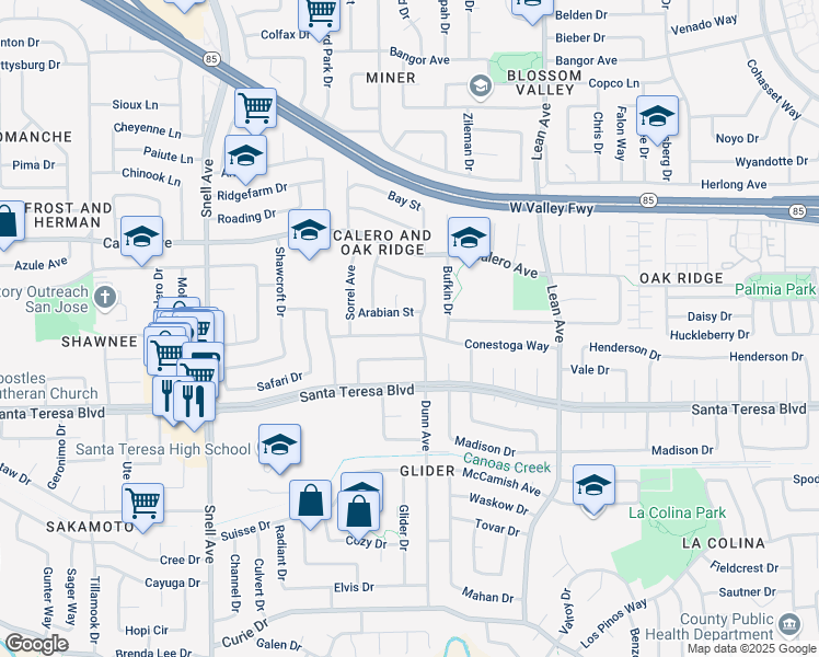 map of restaurants, bars, coffee shops, grocery stores, and more near 402 Conestoga Way in San Jose