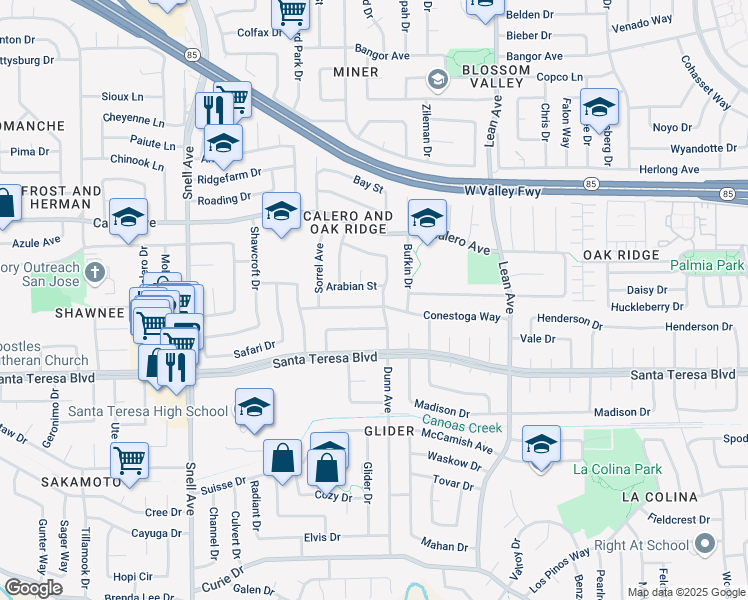 map of restaurants, bars, coffee shops, grocery stores, and more near 402 Conestoga Way in San Jose