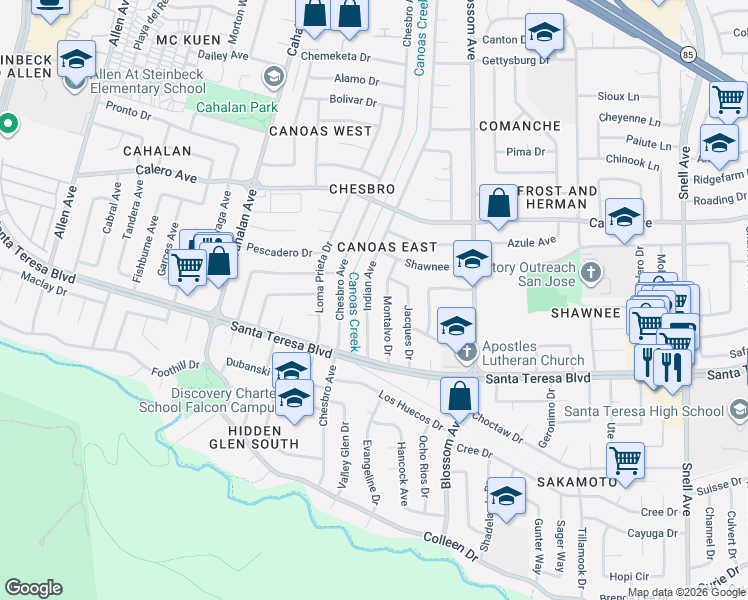 map of restaurants, bars, coffee shops, grocery stores, and more near 6001 Montalvo Drive in San Jose