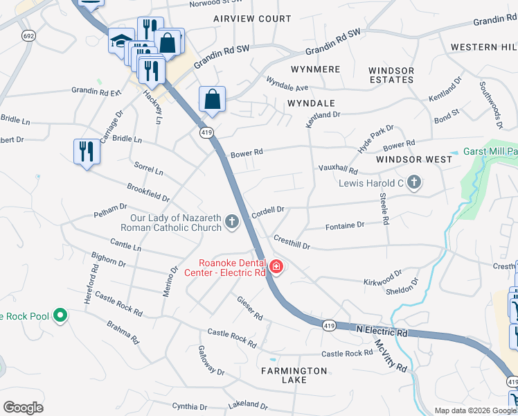 map of restaurants, bars, coffee shops, grocery stores, and more near 4744 Cordell Drive in Cave Spring