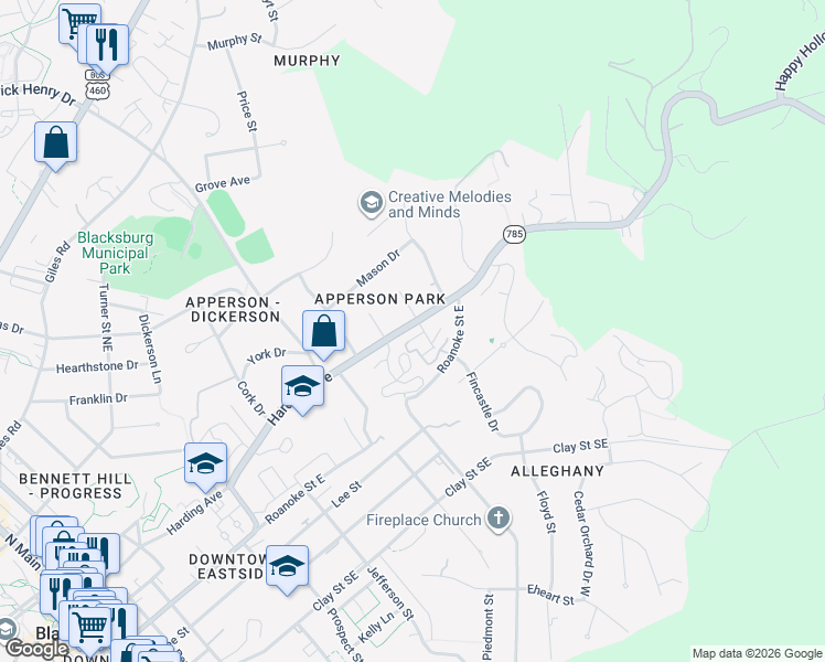 map of restaurants, bars, coffee shops, grocery stores, and more near 1003 Anne Drive in Blacksburg