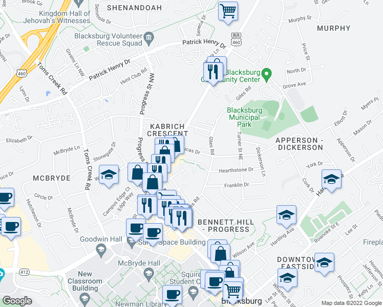 map of restaurants, bars, coffee shops, grocery stores, and more near 106 Lucas Drive in Blacksburg