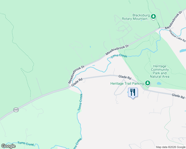 map of restaurants, bars, coffee shops, grocery stores, and more near 2587-2905 Glade Rd in Blacksburg