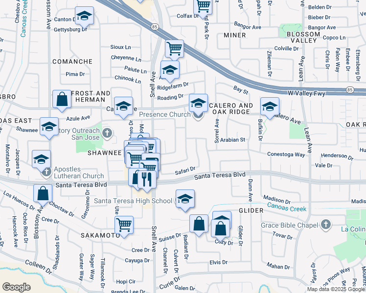 map of restaurants, bars, coffee shops, grocery stores, and more near 5967 Shawcroft Drive in San Jose