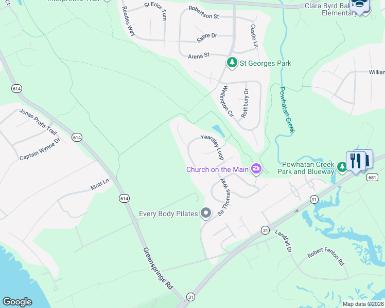 map of restaurants, bars, coffee shops, grocery stores, and more near 4675-4679 Yeardley Loop in Williamsburg